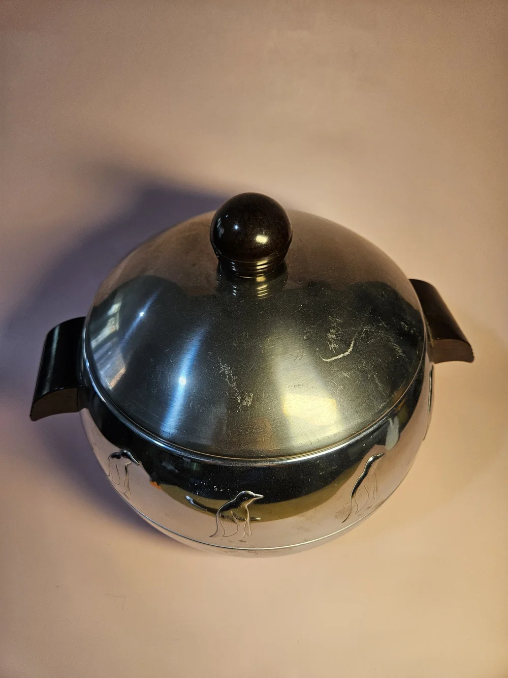 Vintage Silver Penguin-Accent Covered Serving Bowl - Silver. Bin 18